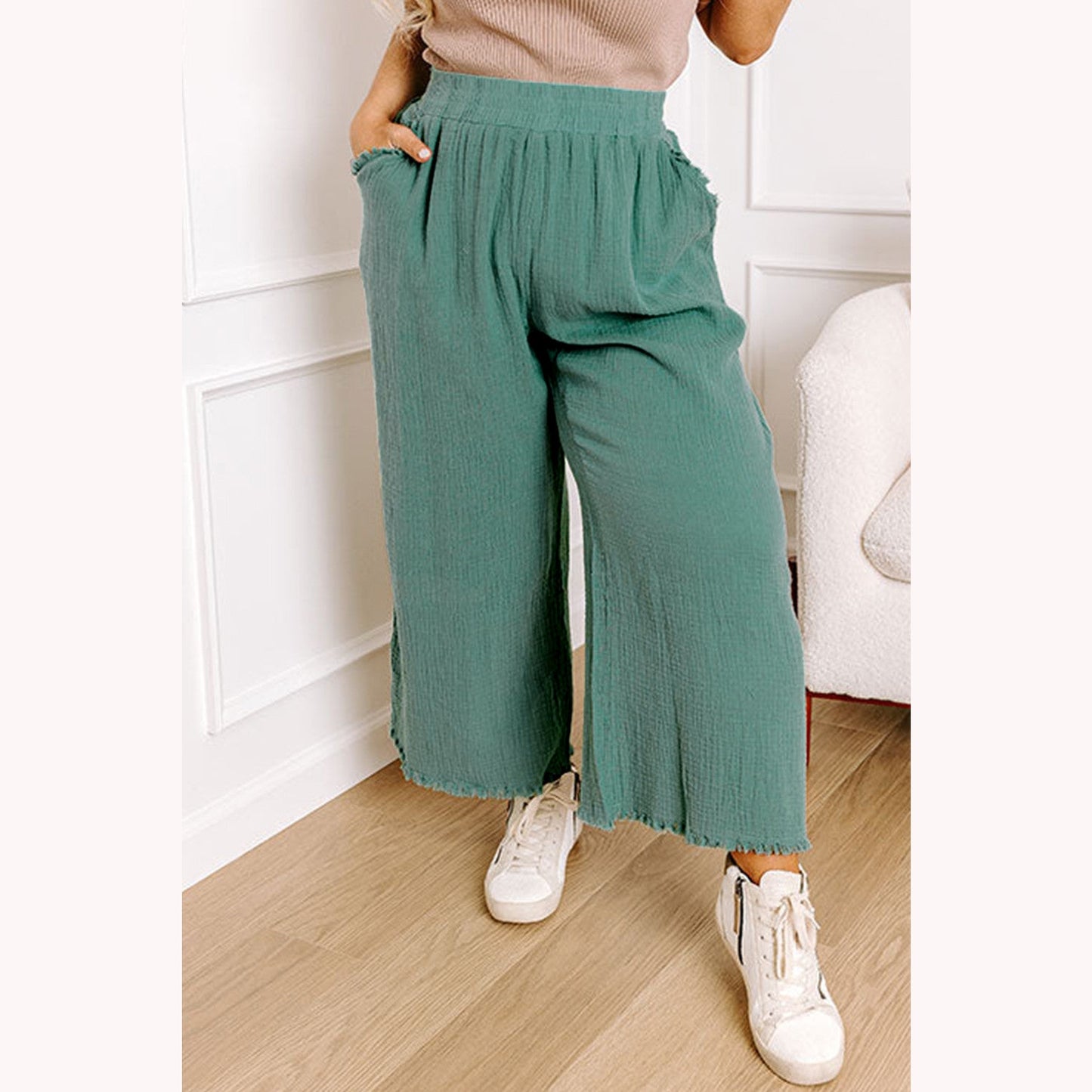 Everlee Green PLUS SIZE Textured Frayed Edge Wide Leg Pants