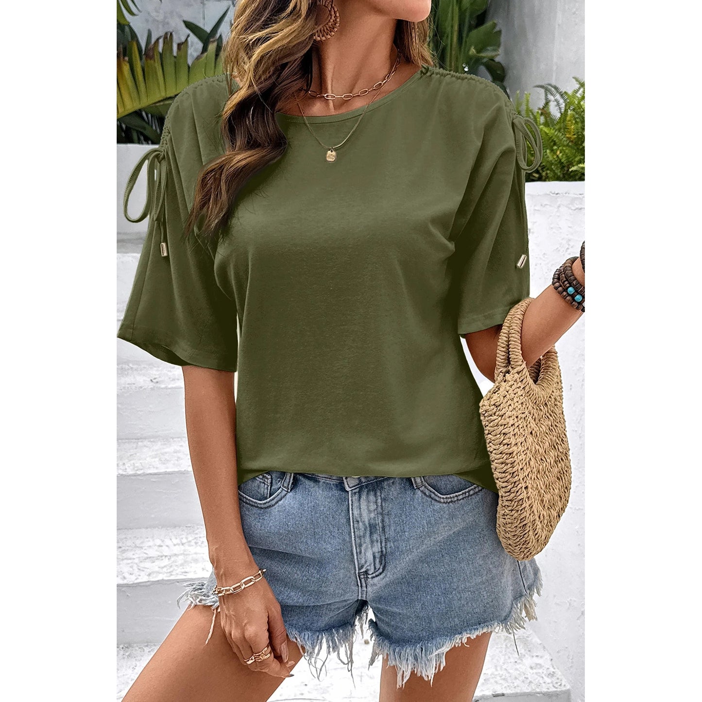 Evie Moss Green Drawstring Shoulder Detail Crew Neck Tee