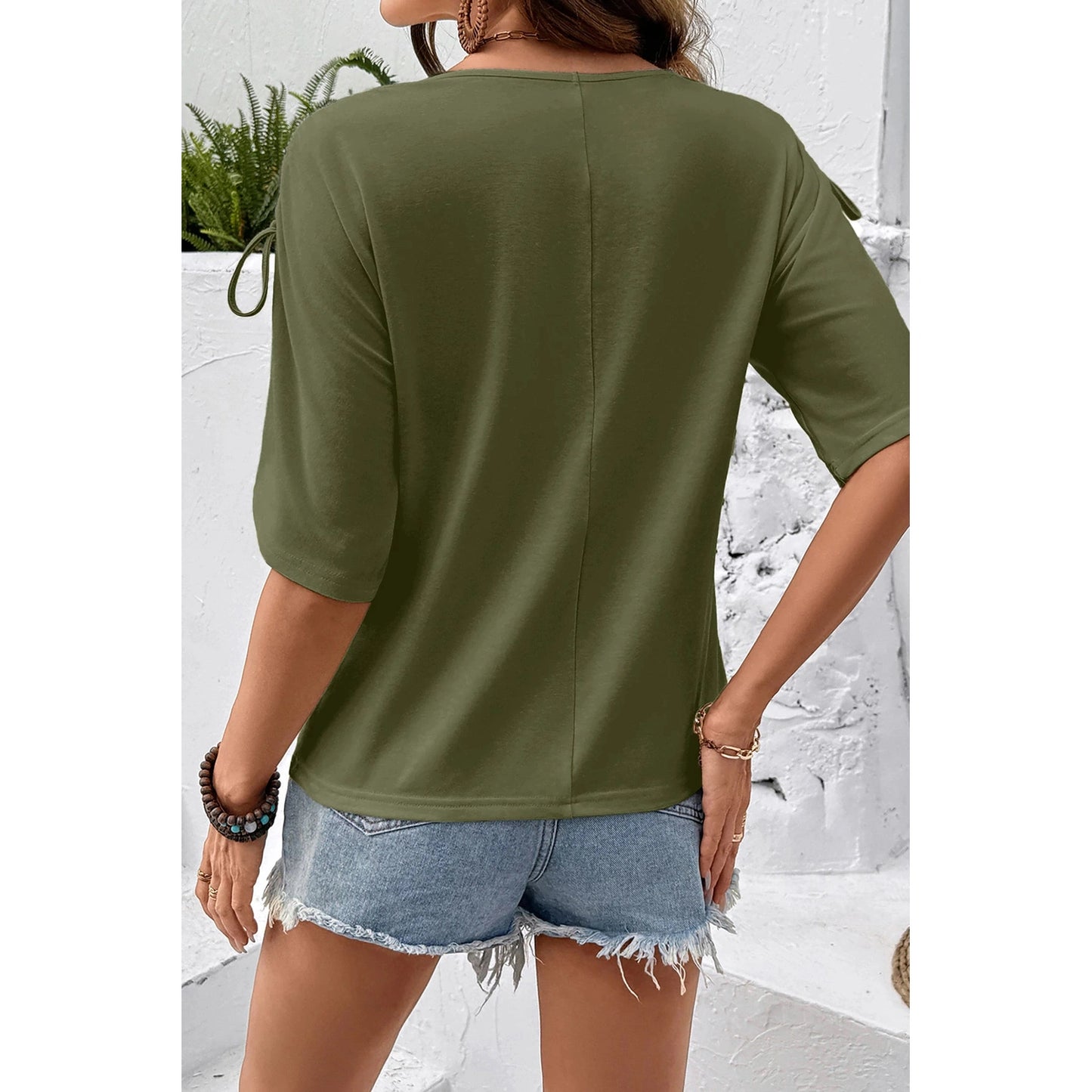 Evie Moss Green Drawstring Shoulder Detail Crew Neck Tee