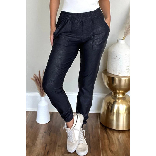 Evyn Black Elastic Waist Pocketed Pebble Joggers