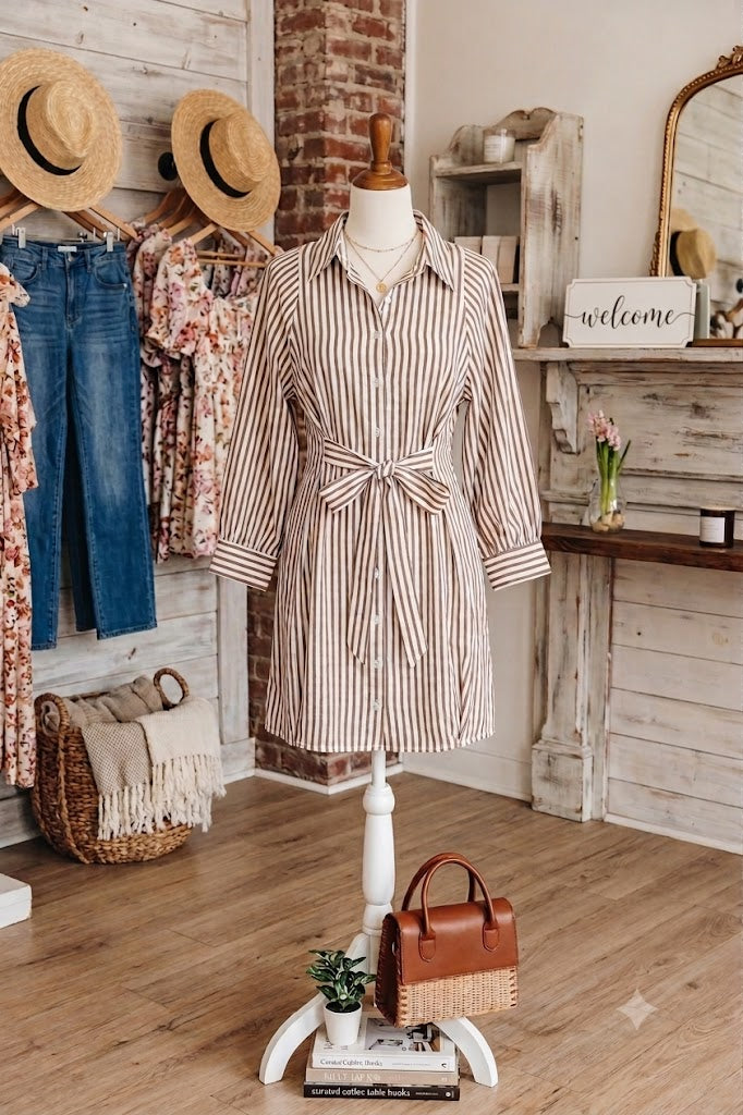 SALE!!!  Lacie Brown Stripe Knot Waist Puff Sleeve Button Down Mini Shirt Dress