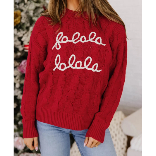 Fiery Red Falala Cable Knit Christmas Dropped Shoulder Pullover Sweater