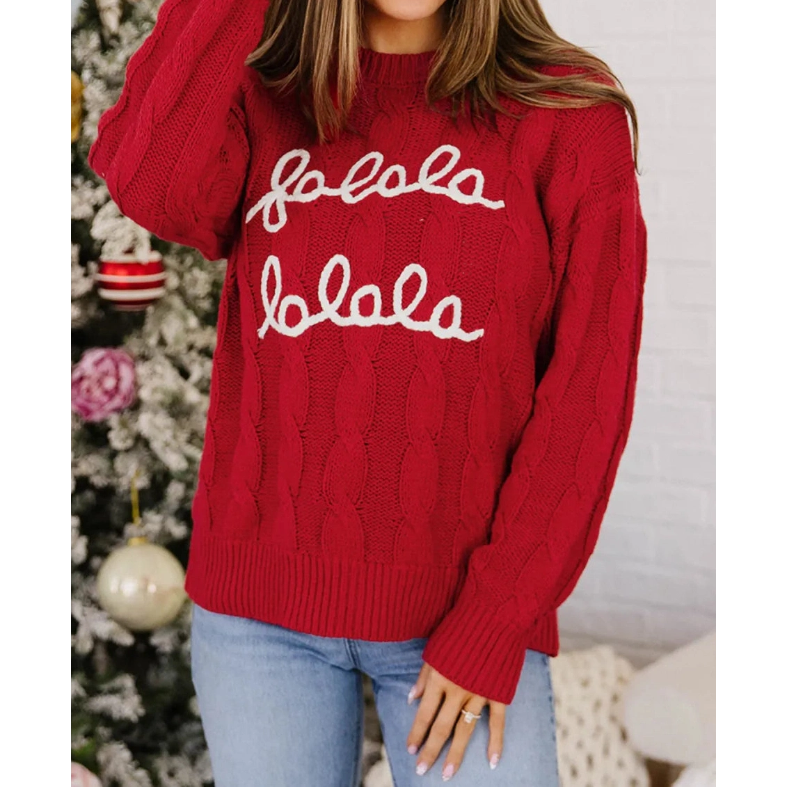 Fiery Red Falala Cable Knit Christmas Dropped Shoulder Pullover Sweater