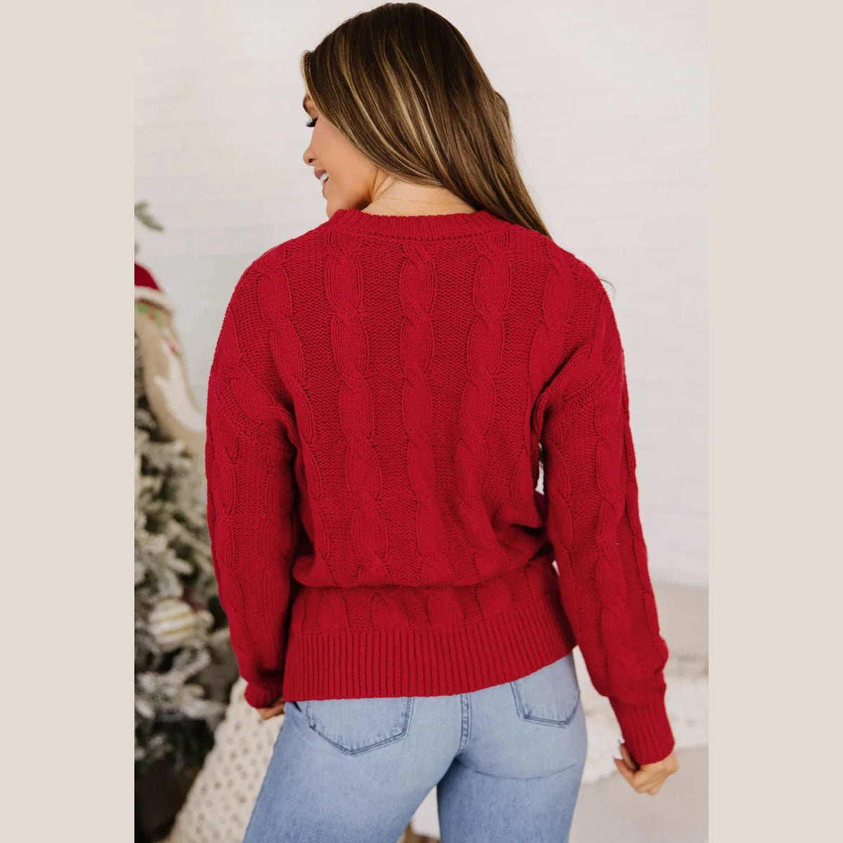 Fiery Red Falala Cable Knit Christmas Dropped Shoulder Pullover Sweater