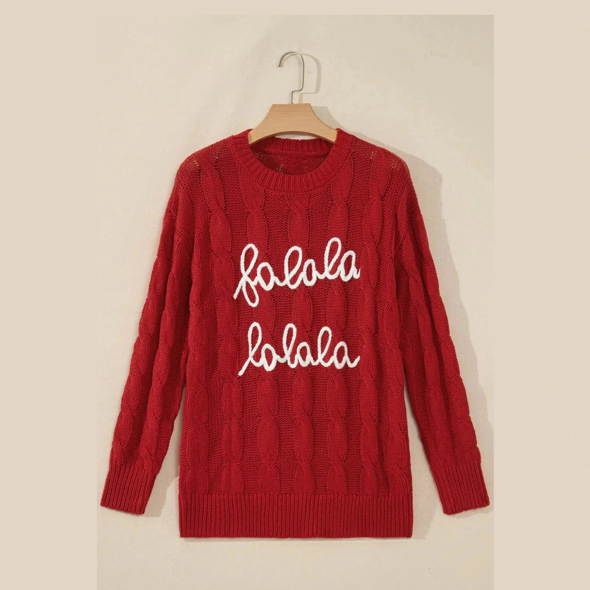 Fiery Red Falala Cable Knit Christmas Dropped Shoulder Pullover Sweater