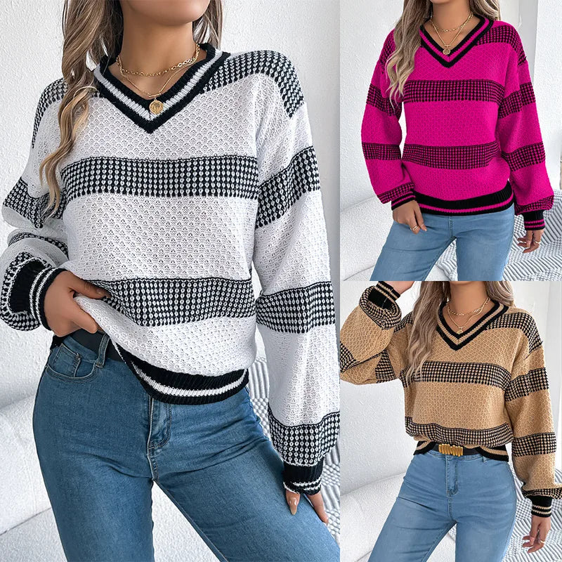 Faithlynn V Neck Striped Loose Fit Sweater - 3 Colors