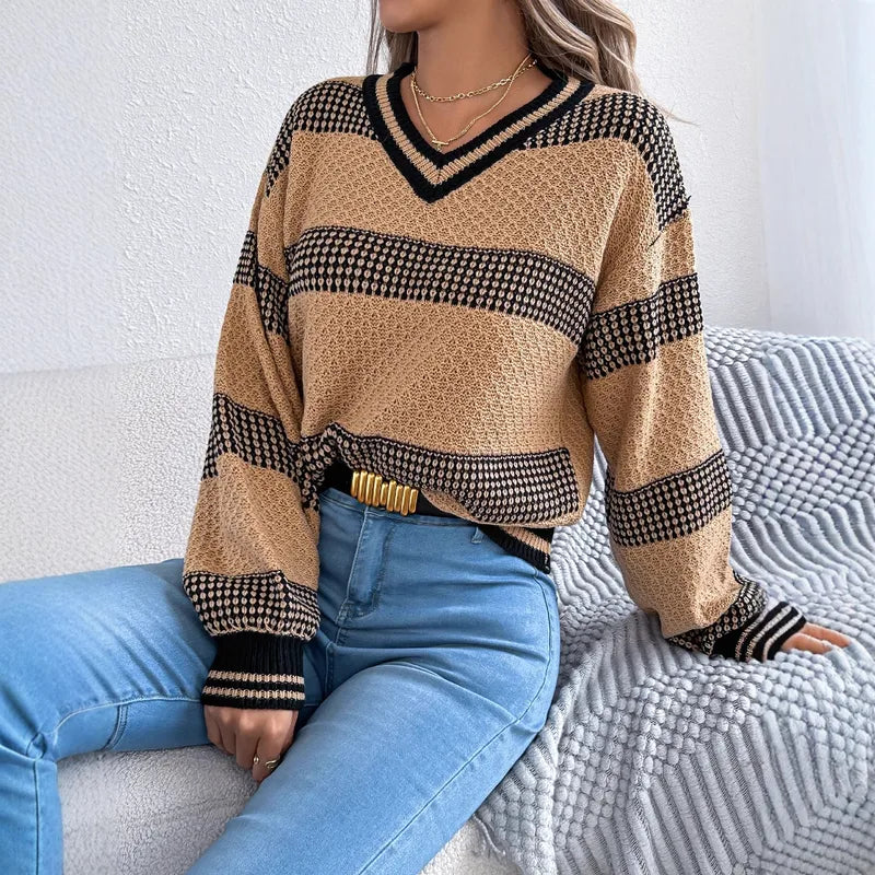 Faithlynn V Neck Striped Loose Fit Sweater - 3 Colors