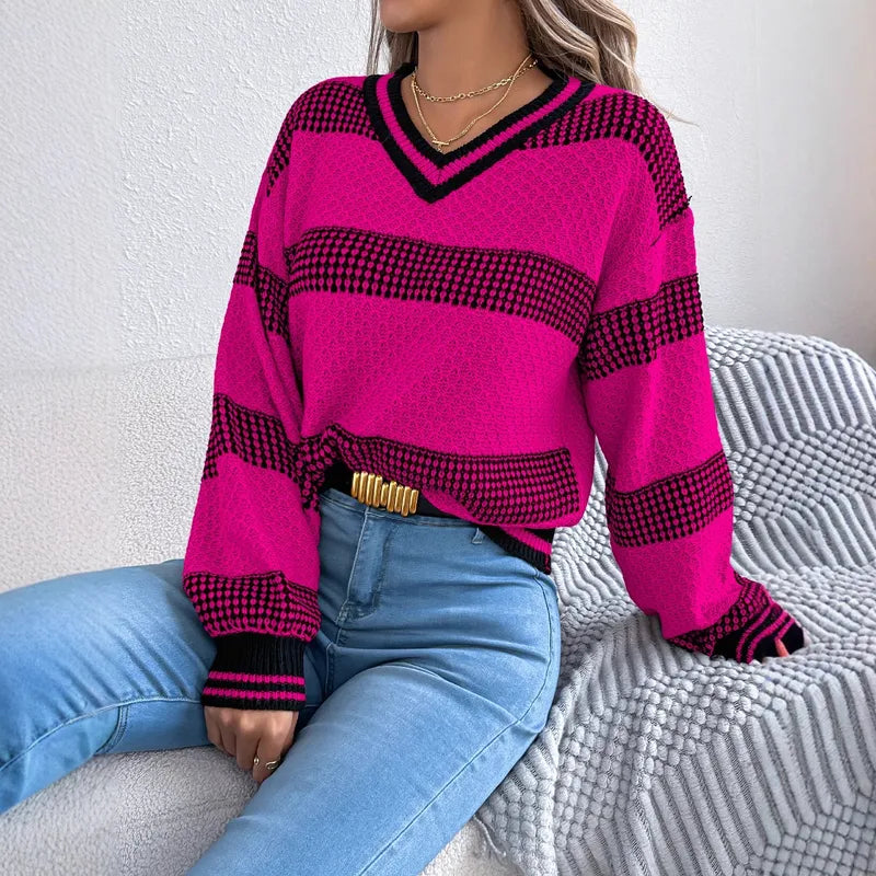 Faithlynn V Neck Striped Loose Fit Sweater - 3 Colors