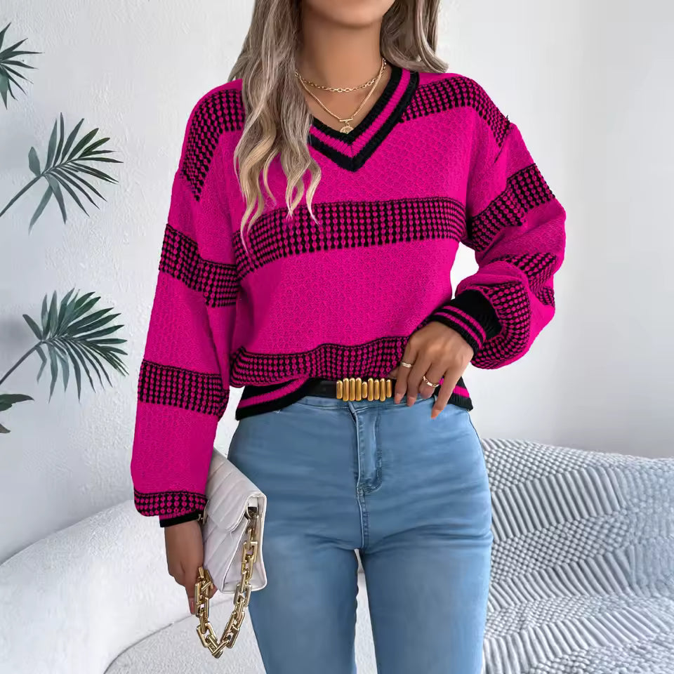 Faithlynn V Neck Striped Loose Fit Sweater - 3 Colors