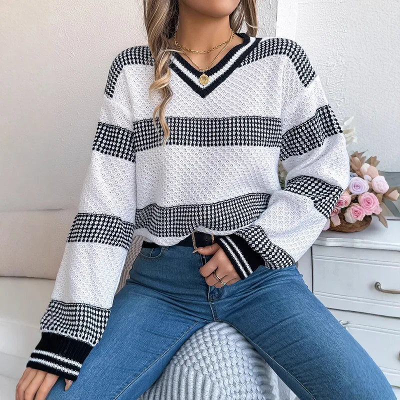 Faithlynn V Neck Striped Loose Fit Sweater - 3 Colors