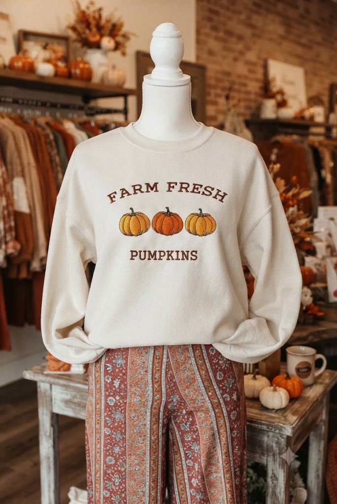 White FARM FRESH PUMPKINS Embroidered Graphic Thanksgiving Holiday Sweatshirt