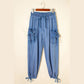 Farrah Beau Blue Drawstring Elastic Waist Pocketed Loose Denim Pants