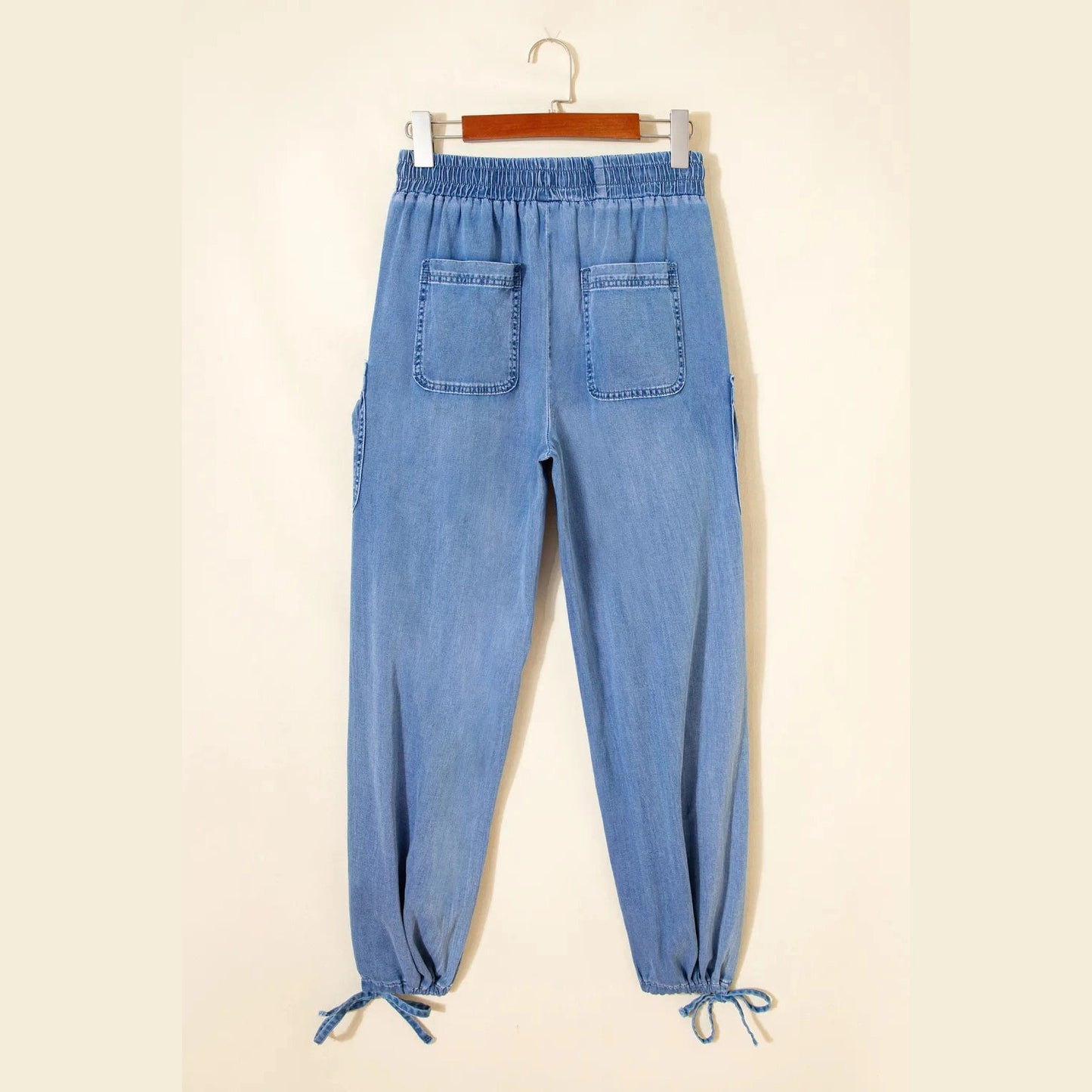 Farrah Beau Blue Drawstring Elastic Waist Pocketed Loose Denim Pants