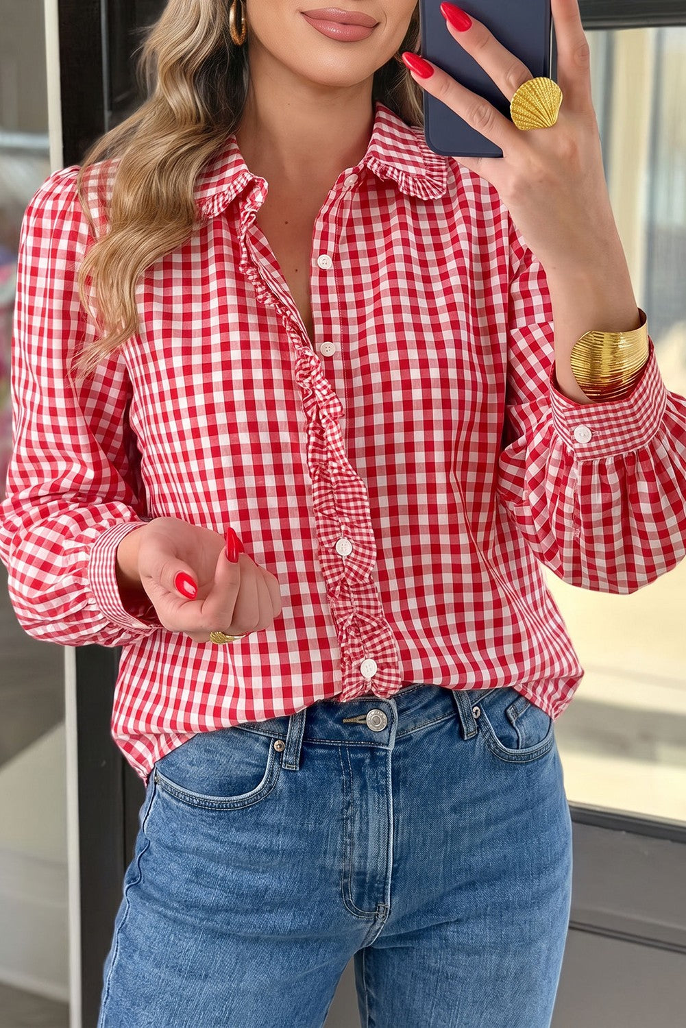 Fawna Red Plaid Long Sleeve Button Down Frill Detail Casual Shirt