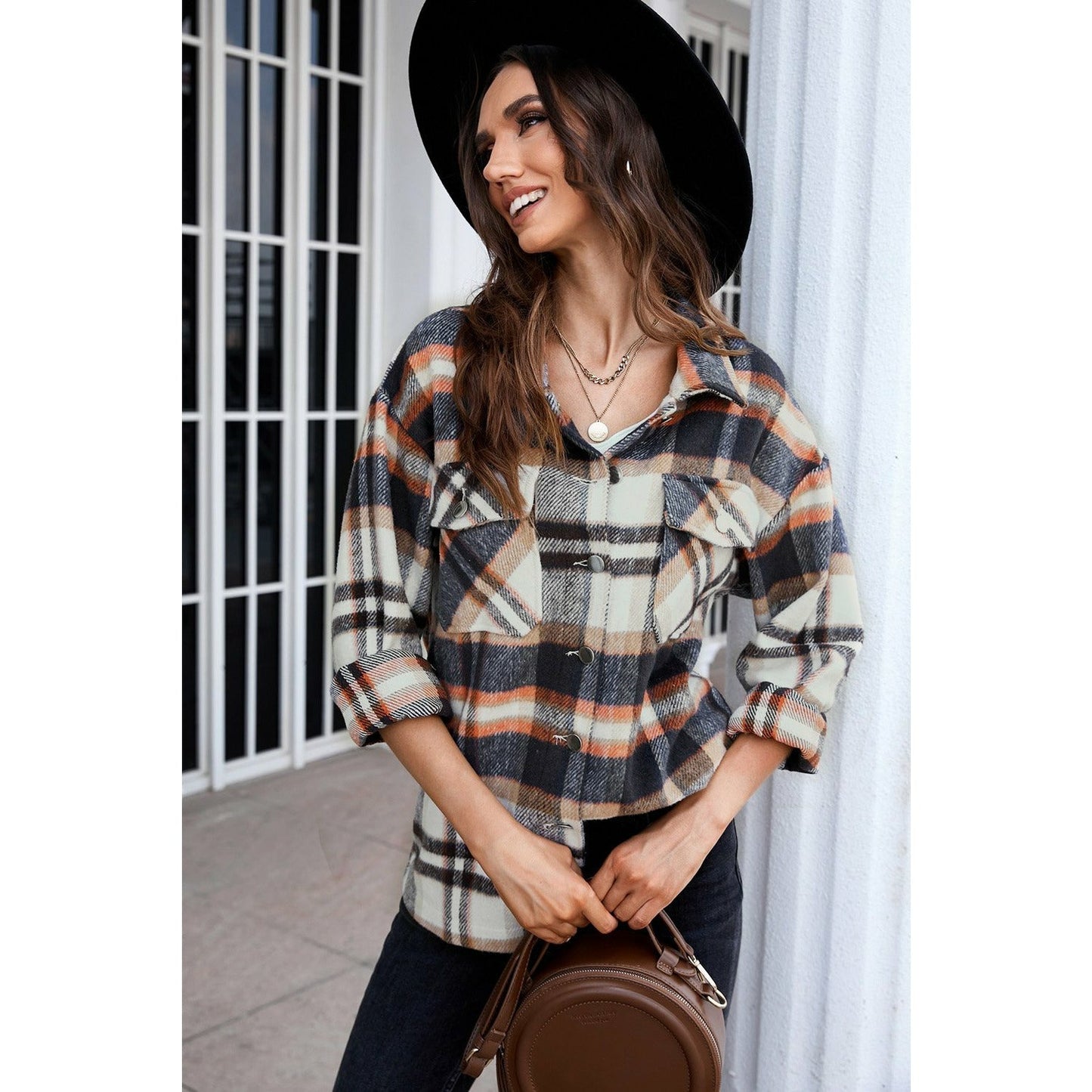 Fawna Navy Geometric Plaid Print Pocketed Shirt