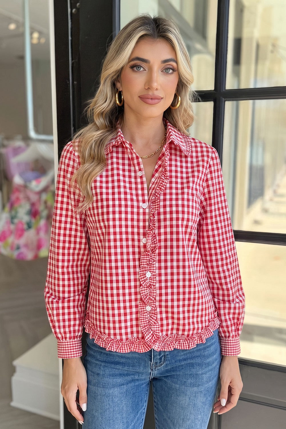 Fawna Red Plaid Long Sleeve Button Down Frill Detail Casual Shirt