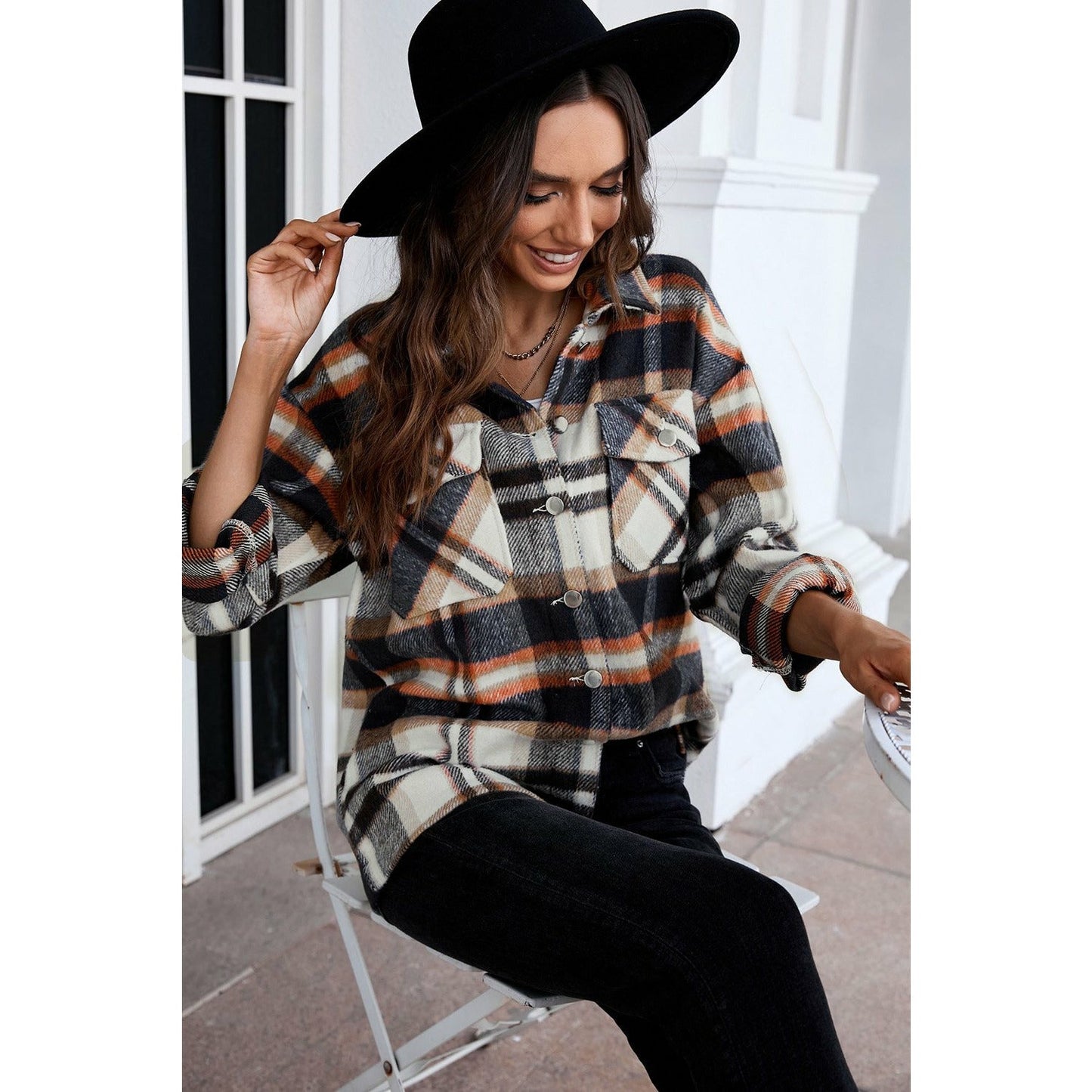 Fawna Navy Geometric Plaid Print Pocketed Shirt