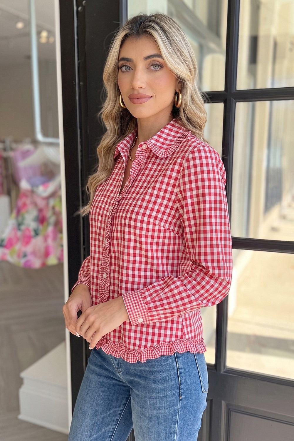 Fawna Red Plaid Long Sleeve Button Down Frill Detail Casual Shirt