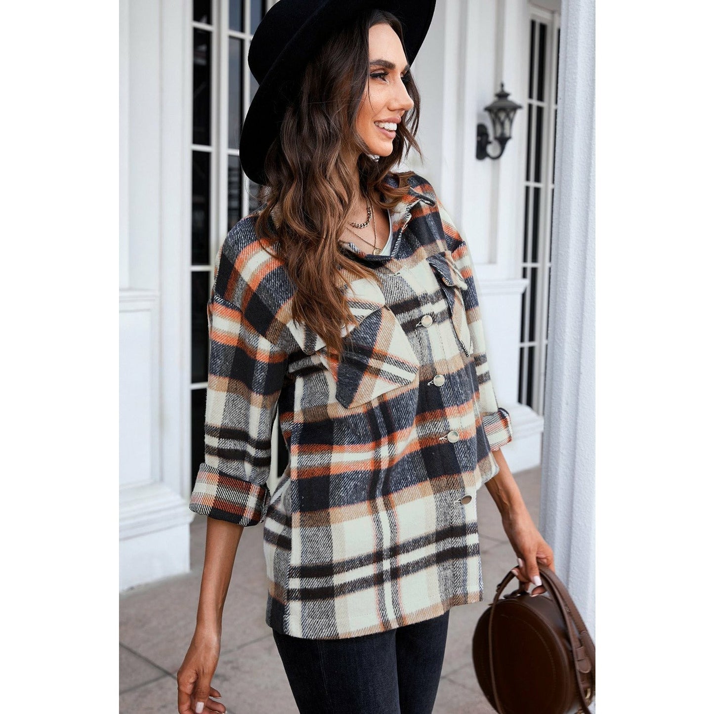 Fawna Navy Geometric Plaid Print Pocketed Shirt