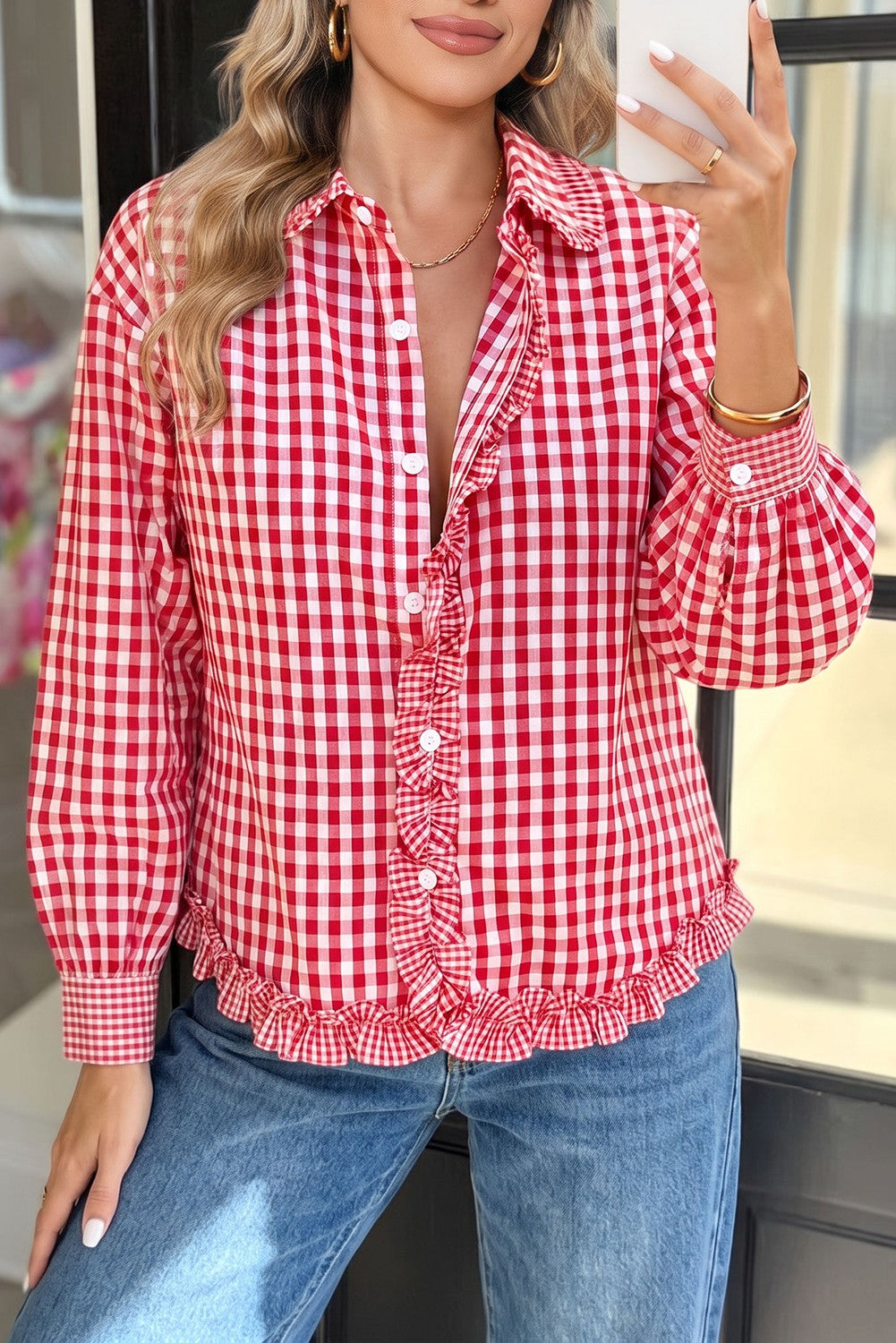 Fawna Red Plaid Long Sleeve Button Down Frill Detail Casual Shirt