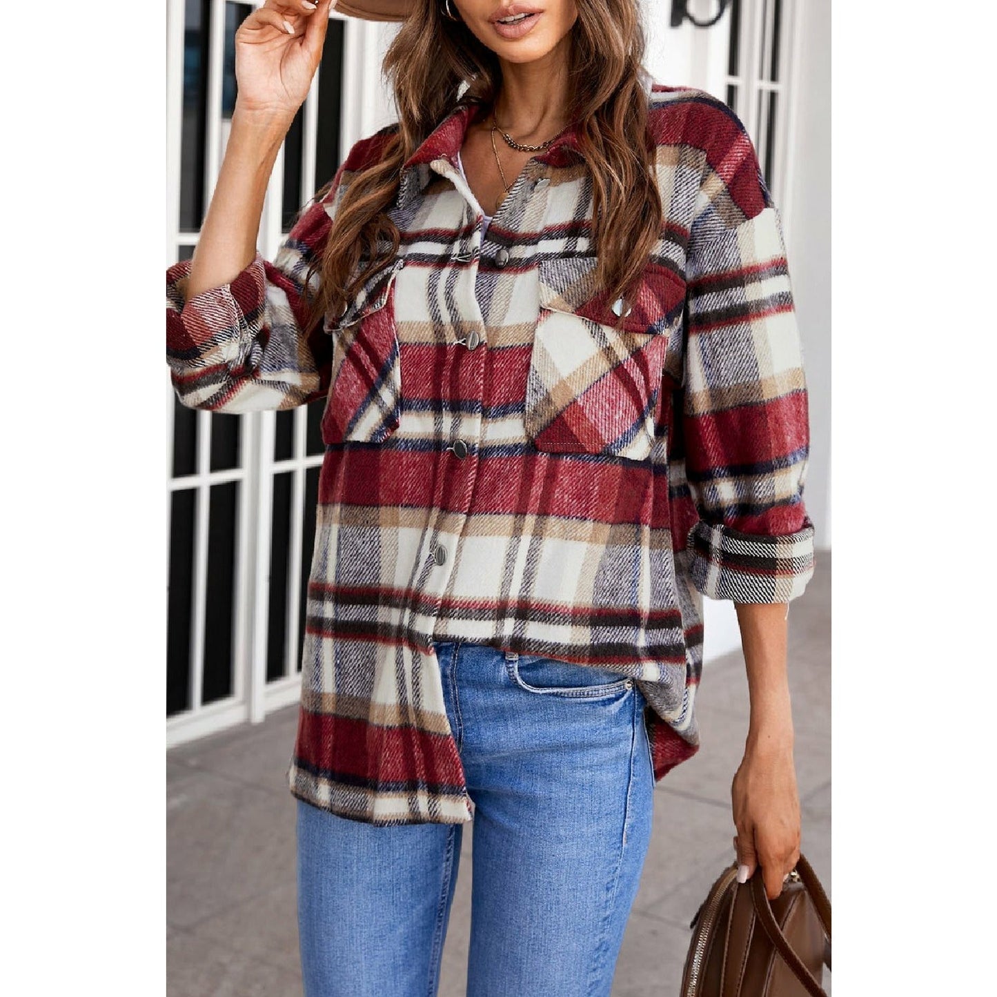 Fawna Red Geometric Plaid Print Pocketed Shirt