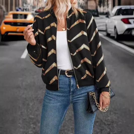 Faylinn Black and Gold Sawtooth Printed Zipper Front Jacket