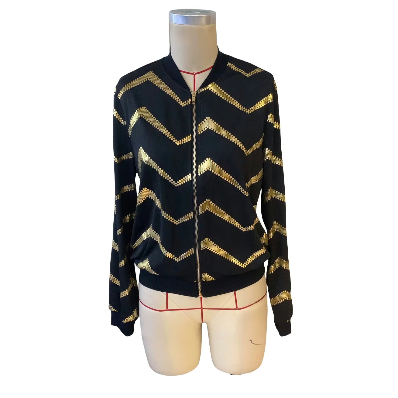 Faylinn Black and Gold Sawtooth Printed Zipper Front Jacket