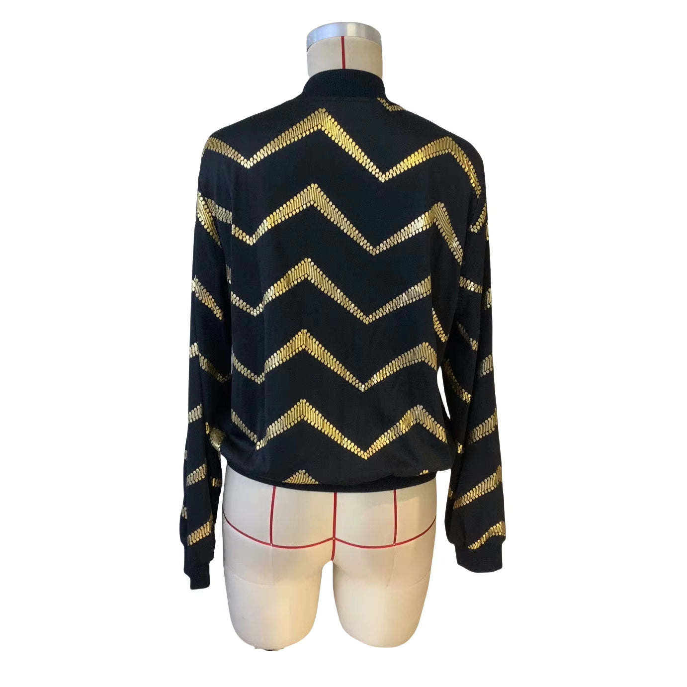 Faylinn Black and Gold Sawtooth Printed Zipper Front Jacket