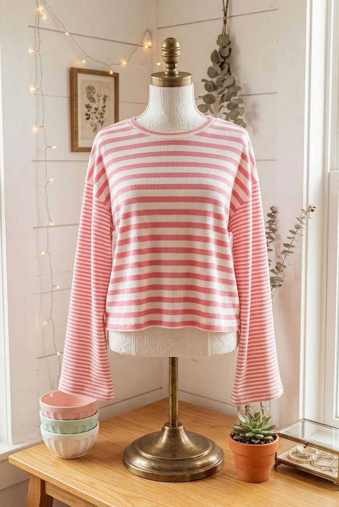 Emilia Pink Stripe Textured Contrast Dropped Long Sleeve Top