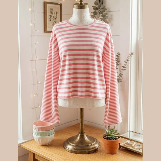 Emilia Pink Stripe Textured Contrast Dropped Long Sleeve Top