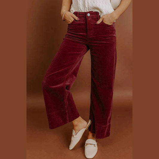 Ferryn Burgundy Corduroy Solid Color High Waist Wide Leg Pants