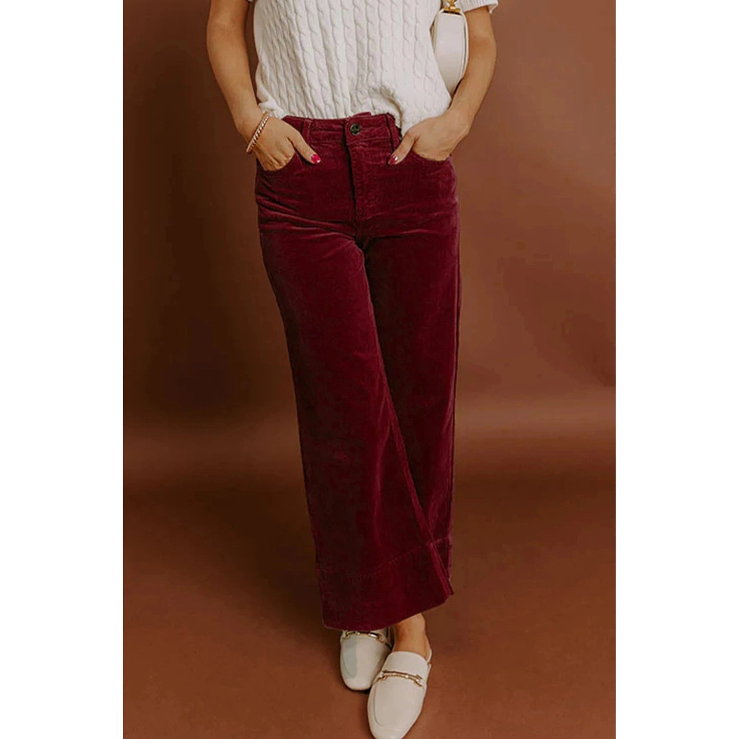Ferryn Burgundy Corduroy Solid Color High Waist Wide Leg Pants