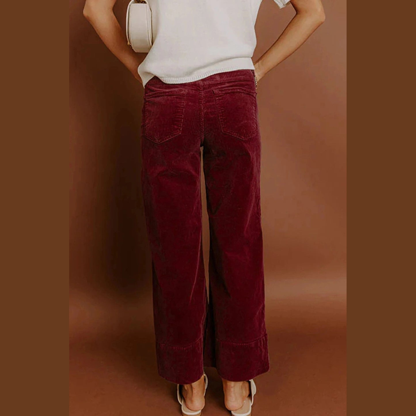 Ferryn Burgundy Corduroy Solid Color High Waist Wide Leg Pants