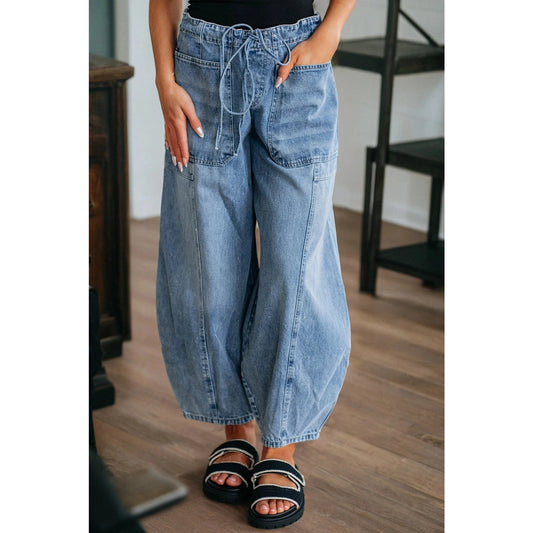 Fionie Myosotis Large Patch Pocket Drawstring Paperbag Waist Barrel Jeans