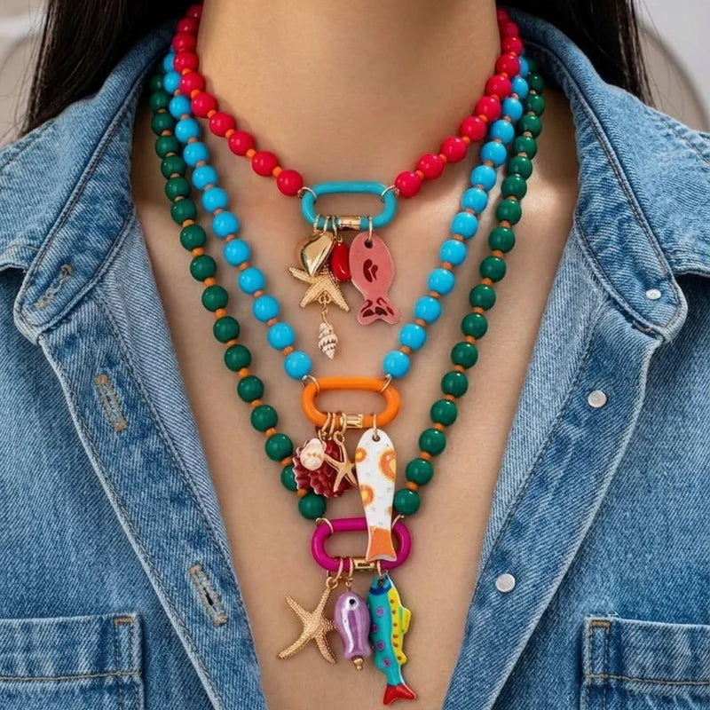 Vibrant Ocean‑Charm Beaded Necklace - 3 Colors