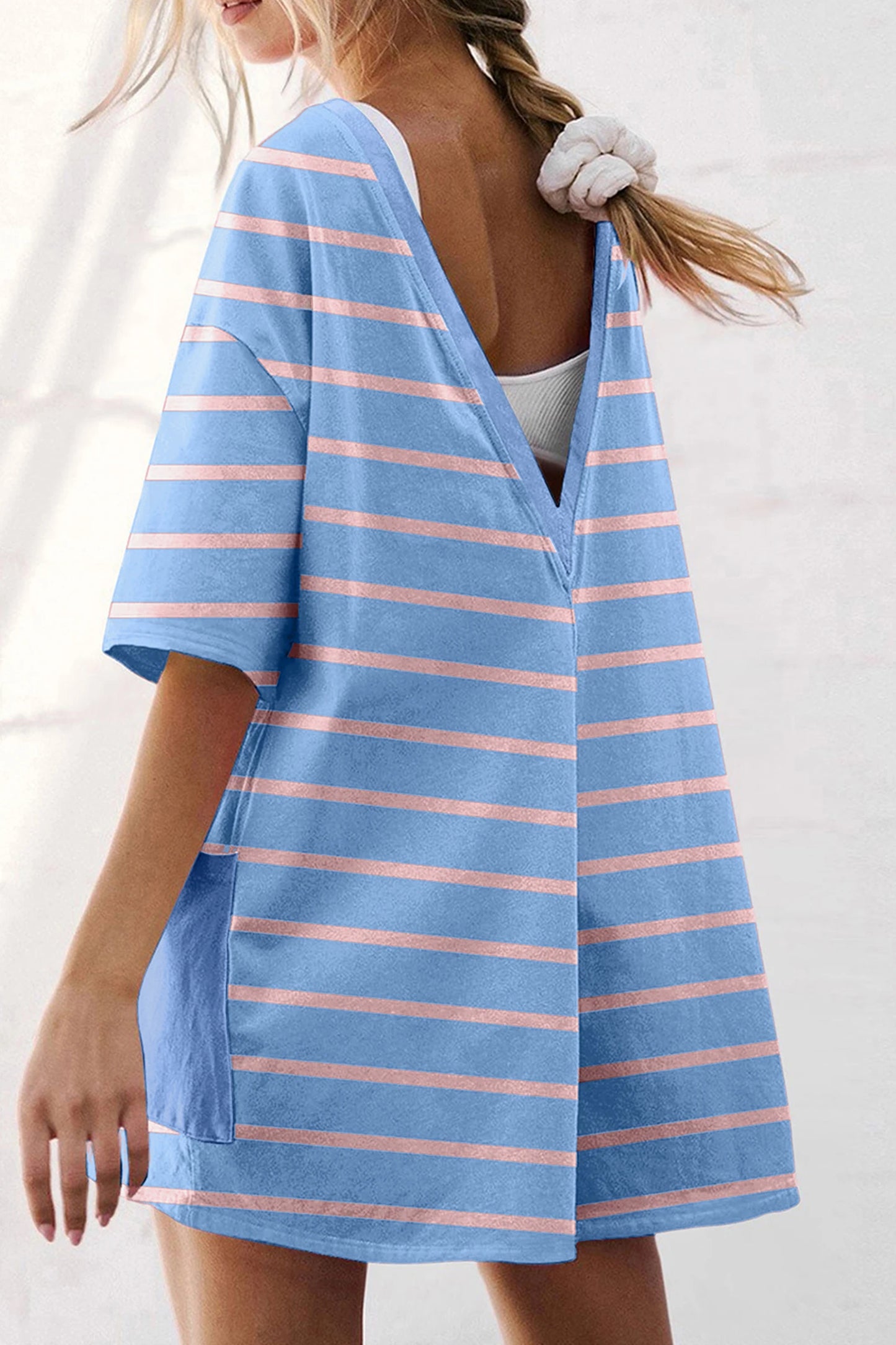 Floraline Sky Blue Stripe V Neck Short Sleeve Double Wear Loose REVERSIBLE Romper