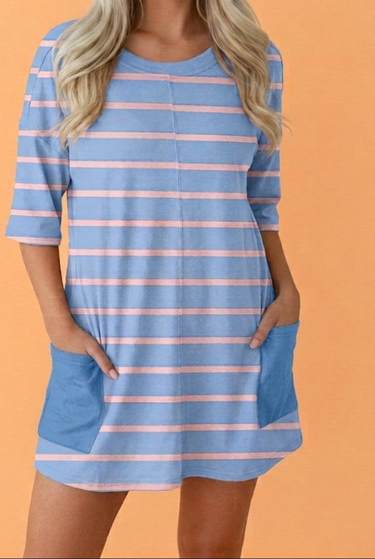 Floraline Sky Blue Stripe V Neck Short Sleeve Double Wear Loose REVERSIBLE Romper