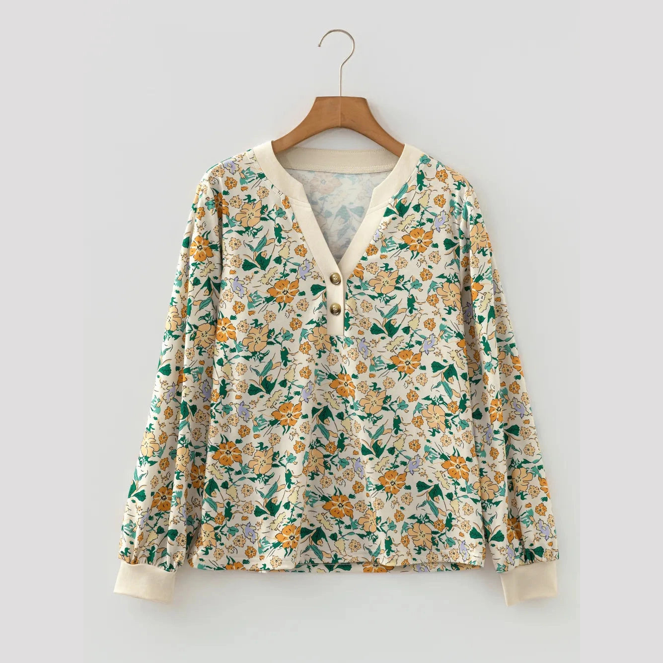 RTS Floral Print Button Notched V Neck Long Sleeve Top