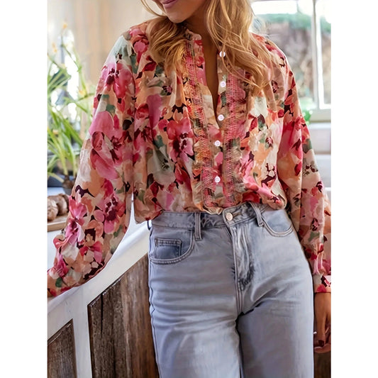 Emme Floral Ruffle Front Long Sleeve Blouse