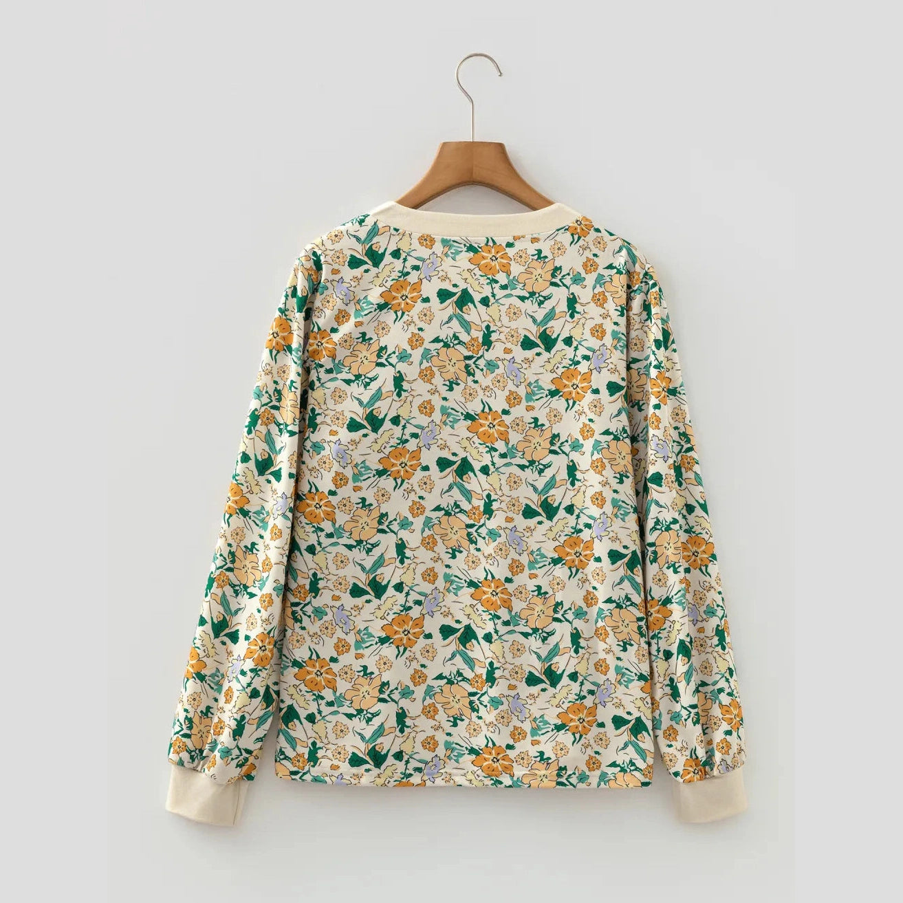 RTS Floral Print Button Notched V Neck Long Sleeve Top