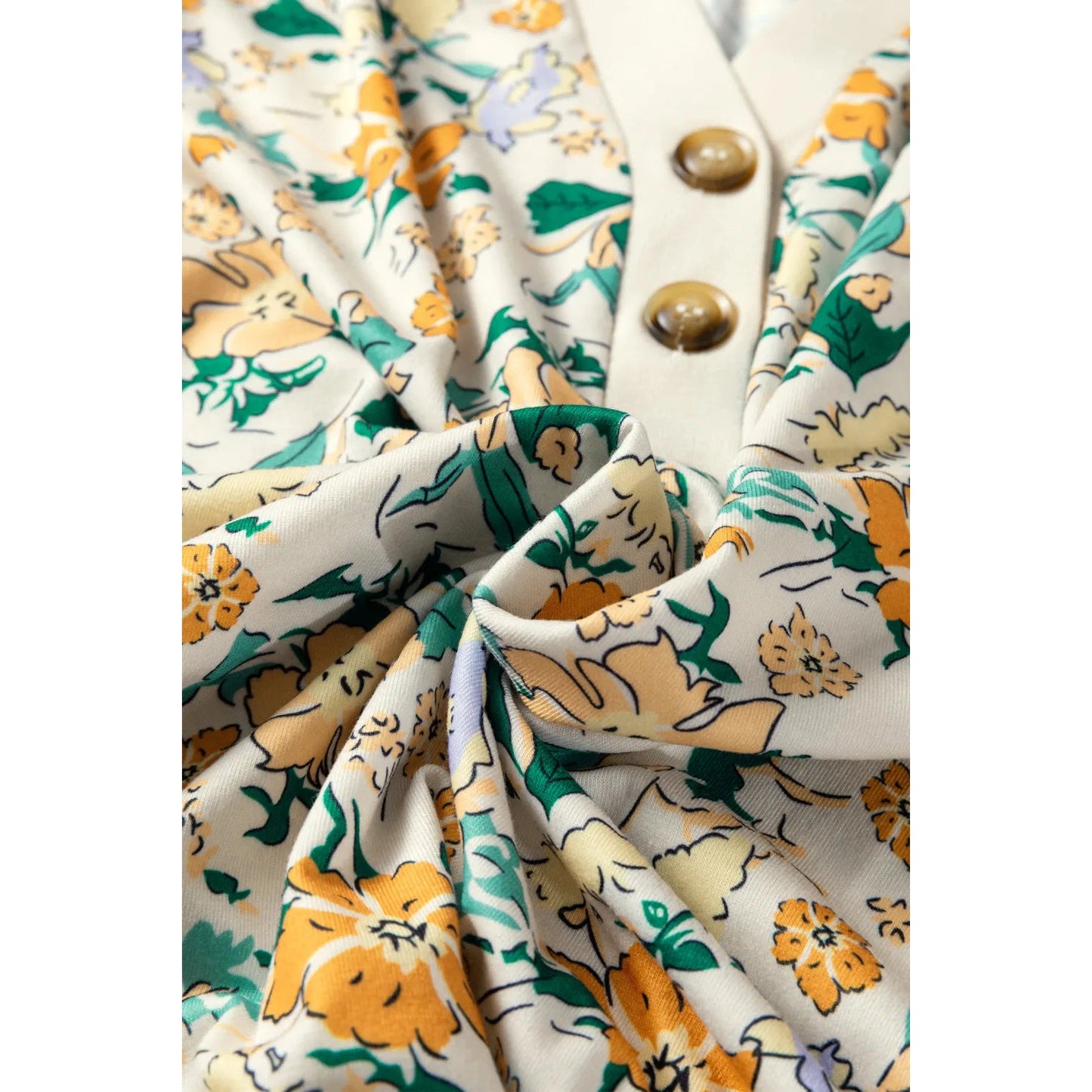 RTS Floral Print Button Notched V Neck Long Sleeve Top