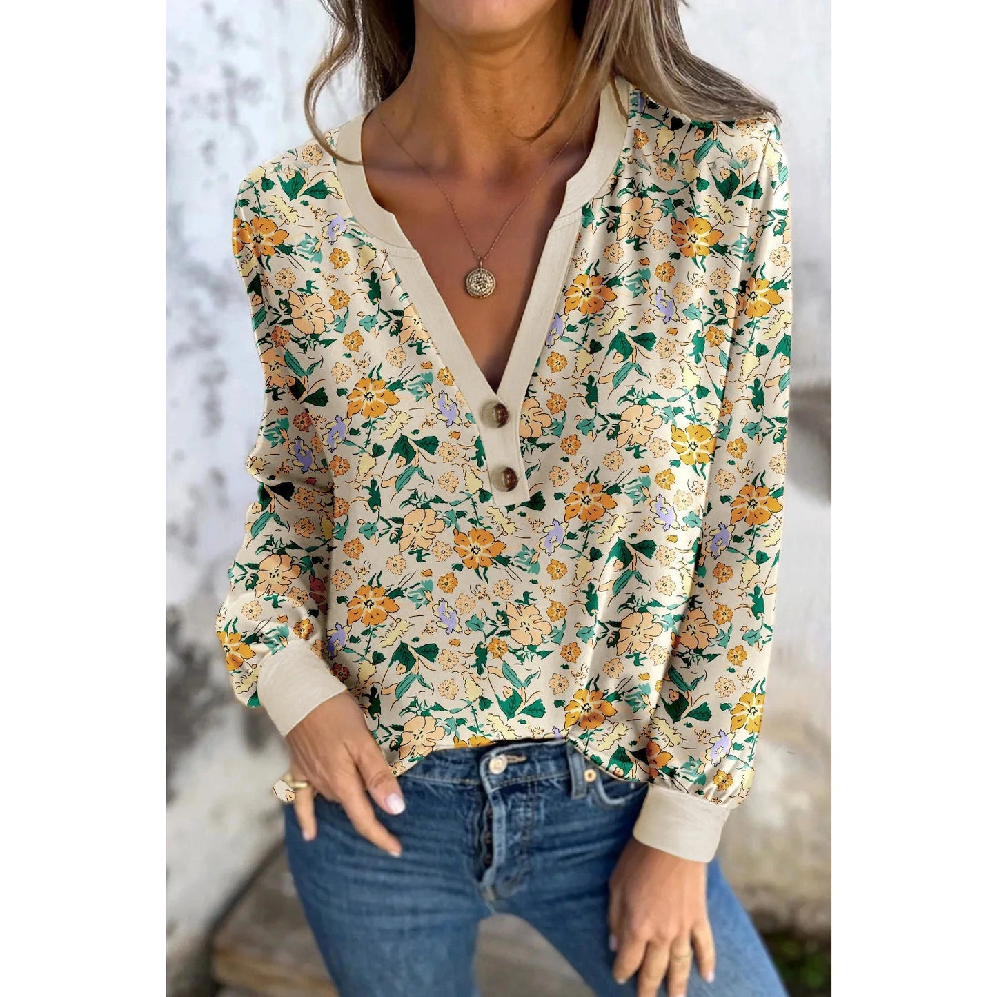 RTS Floral Print Button Notched V Neck Long Sleeve Top