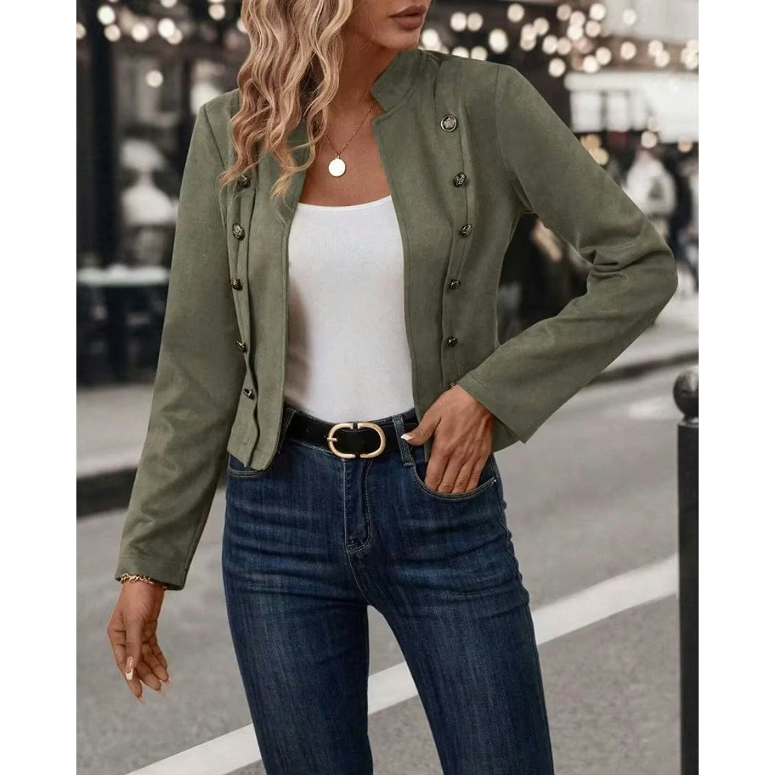 Florella Green Faux Suede Double Breasted Jacket