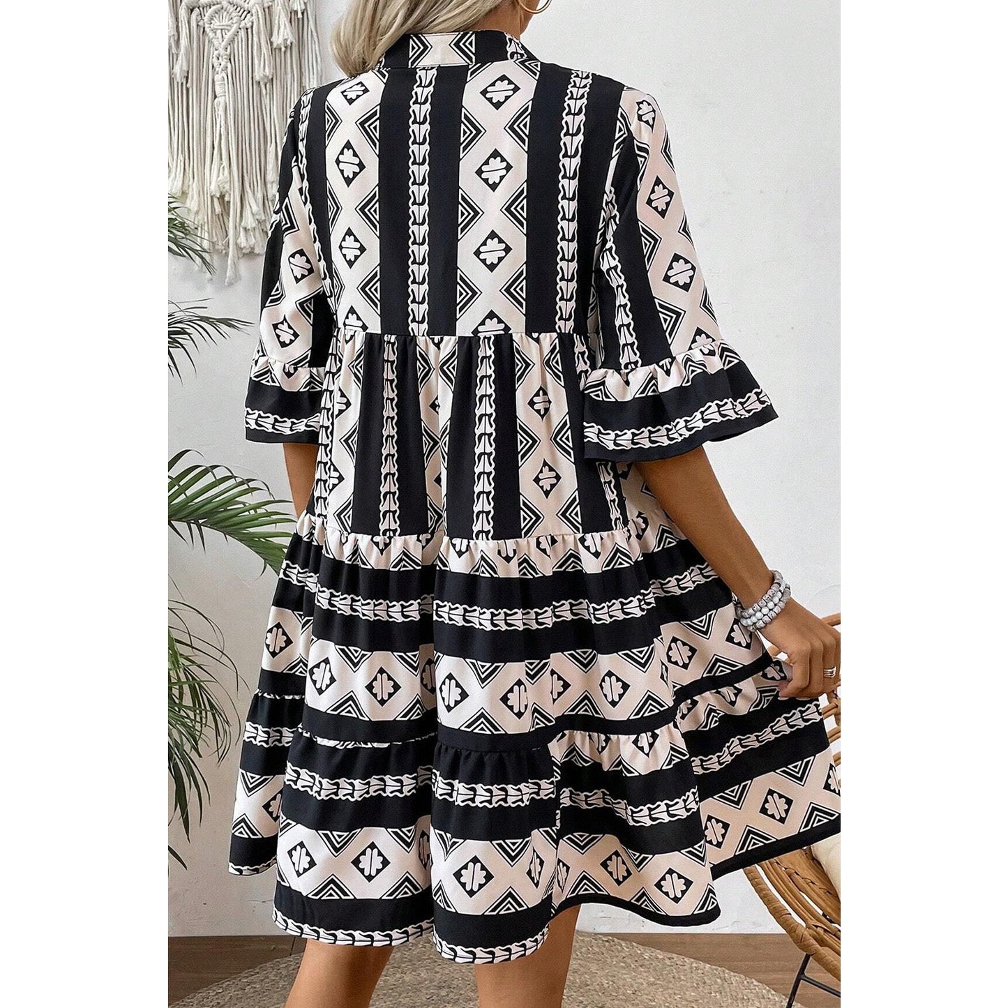 Florence Black Geometric Print V Neck Ruffled Dress