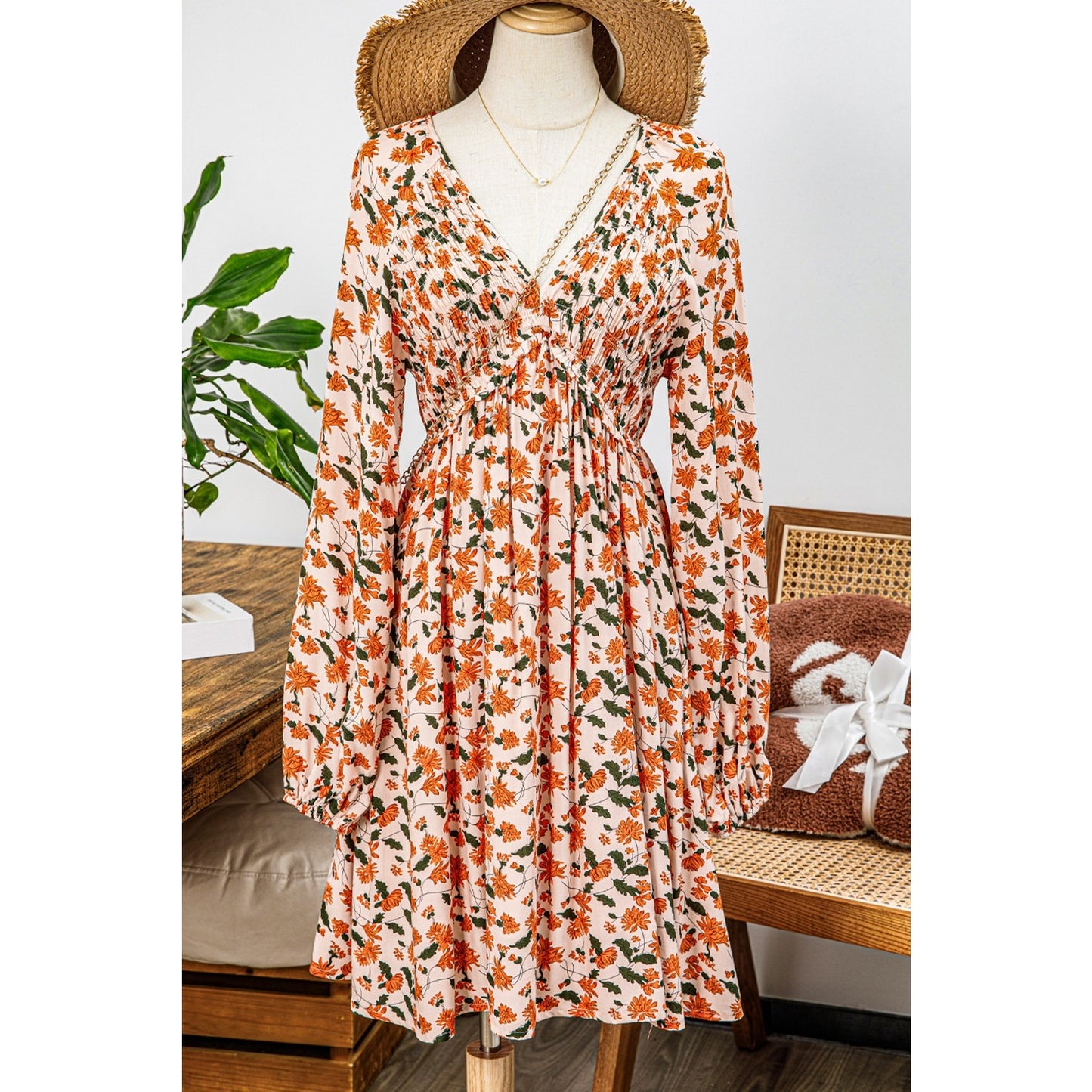 Florissa Floral Deep V Neck Smocked Bust Bubble Sleeve Babydoll Dress