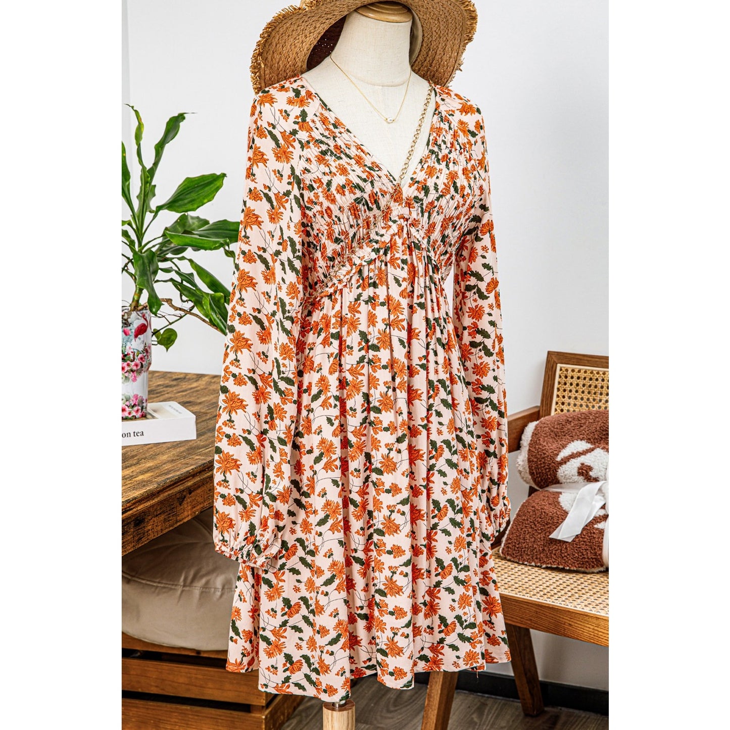 Florissa Floral Deep V Neck Smocked Bust Bubble Sleeve Babydoll Dress