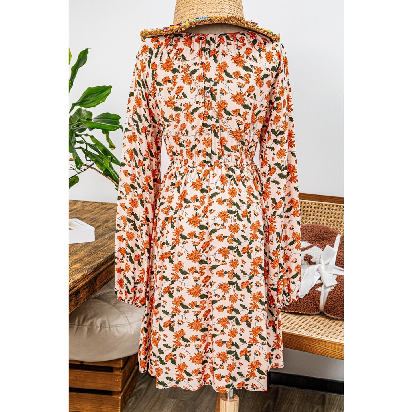 Florissa Floral Deep V Neck Smocked Bust Bubble Sleeve Babydoll Dress