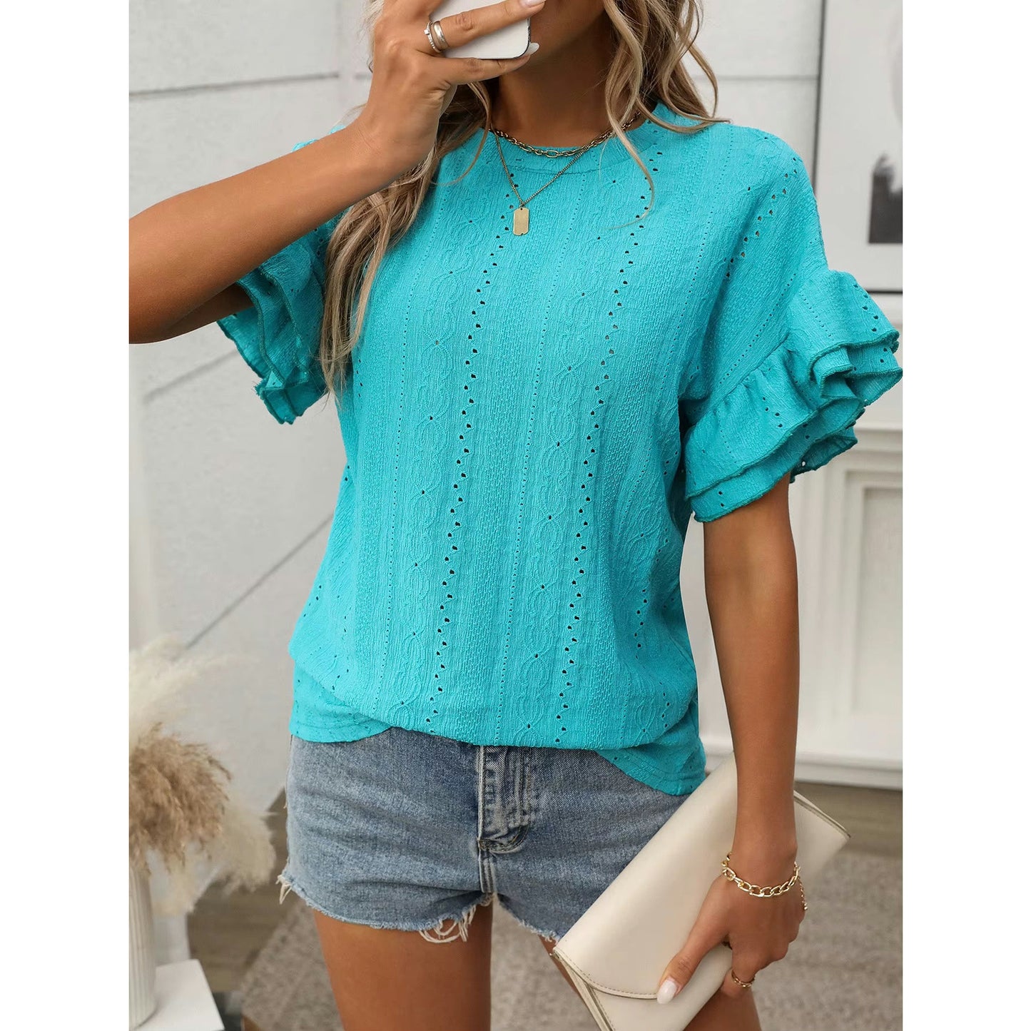 Florita Spearmint Eyelet Round Neck Flounce Sleeve Top