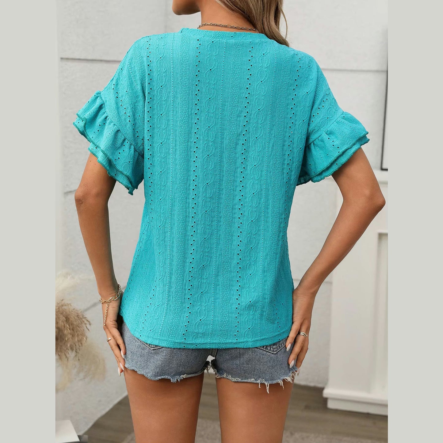Florita Spearmint Eyelet Round Neck Flounce Sleeve Top