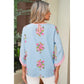Sam Sky Blue Floral Print Button Cuffed 3/4 Sleeve Round Neck Blouse